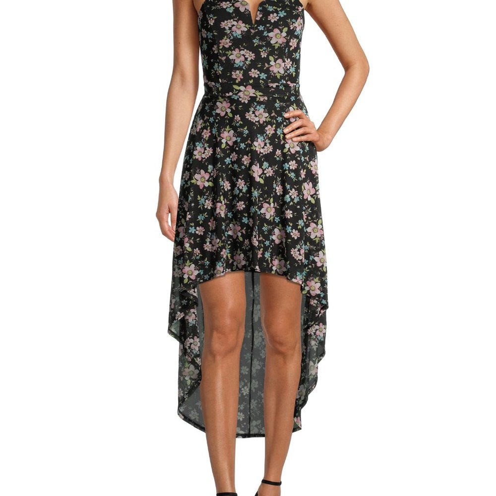 Spring Black Floral Dress with Lace Back Maxi Mini  Size Large